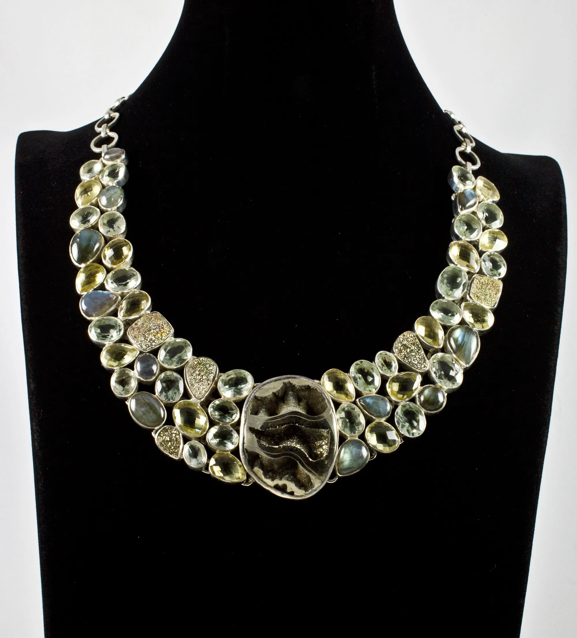Sterling Silver Pyritized Ammonite, Green Amethyst, Citrine and Labradorite Necklace