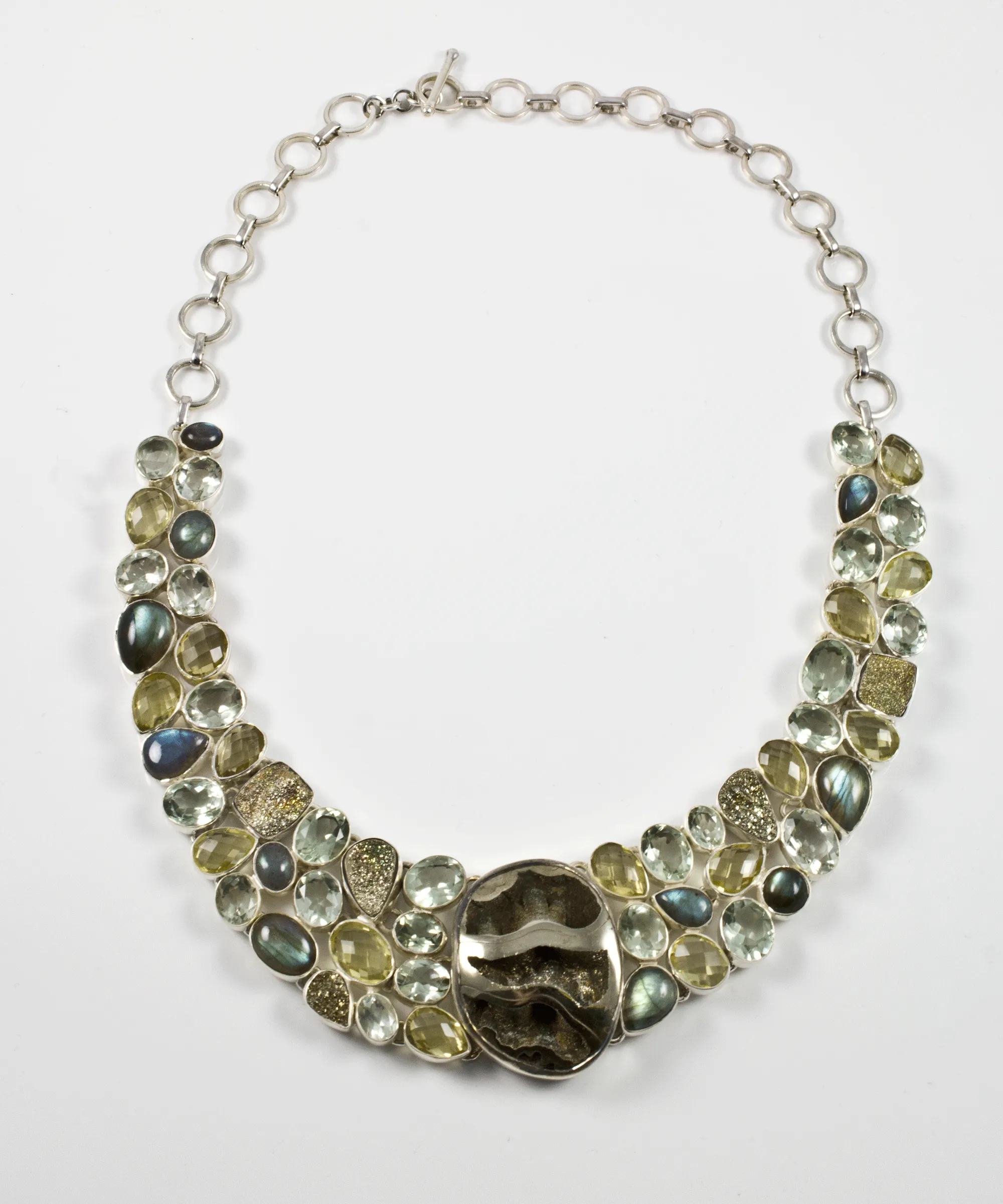 Sterling Silver Pyritized Ammonite, Green Amethyst, Citrine and Labradorite Necklace