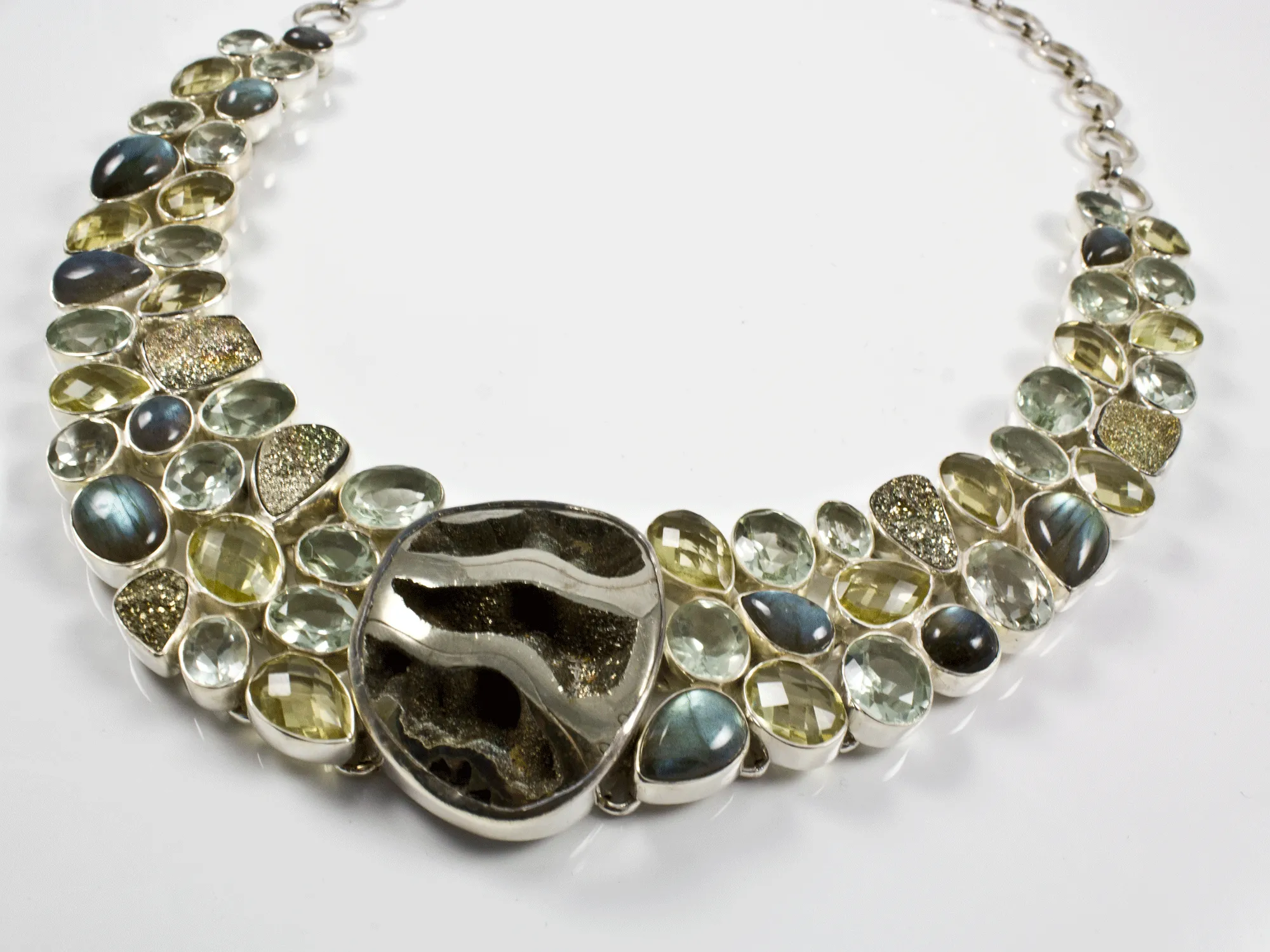 Sterling Silver Pyritized Ammonite, Green Amethyst, Citrine and Labradorite Necklace
