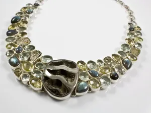 Sterling Silver Pyritized Ammonite, Green Amethyst, Citrine and Labradorite Necklace