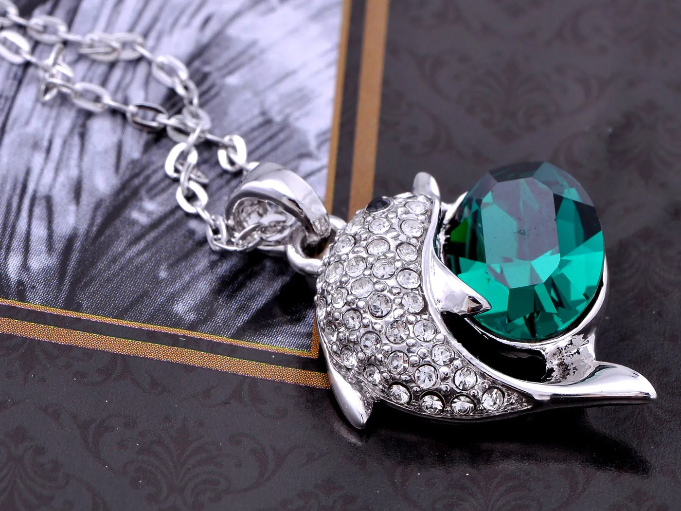 Swarovski Crystal Elements Aquamarine Silver Dolphin Fish Necklace