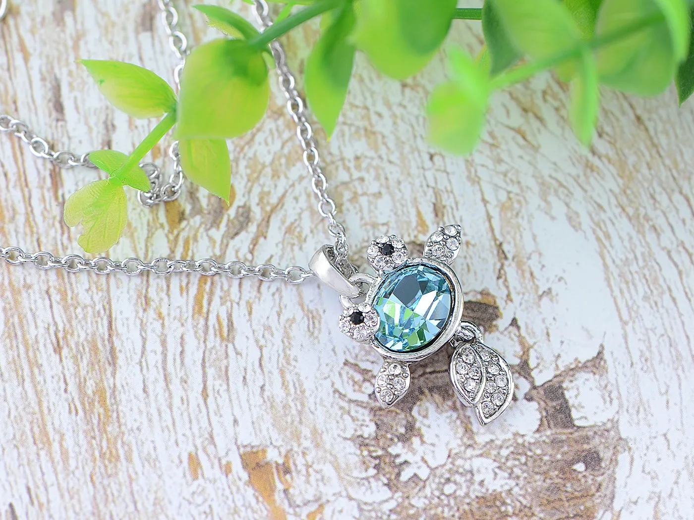 Swarovski Crystal Elements Aquamarine Silver Dolphin Fish Necklace