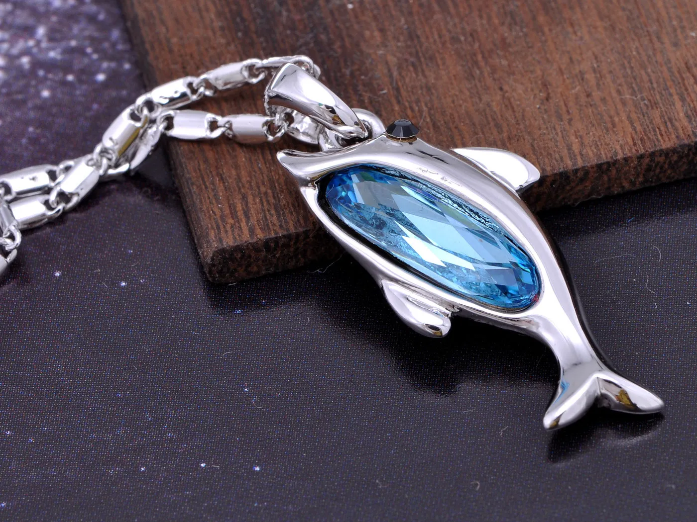 Swarovski Crystal Elements Aquamarine Silver Dolphin Fish Necklace