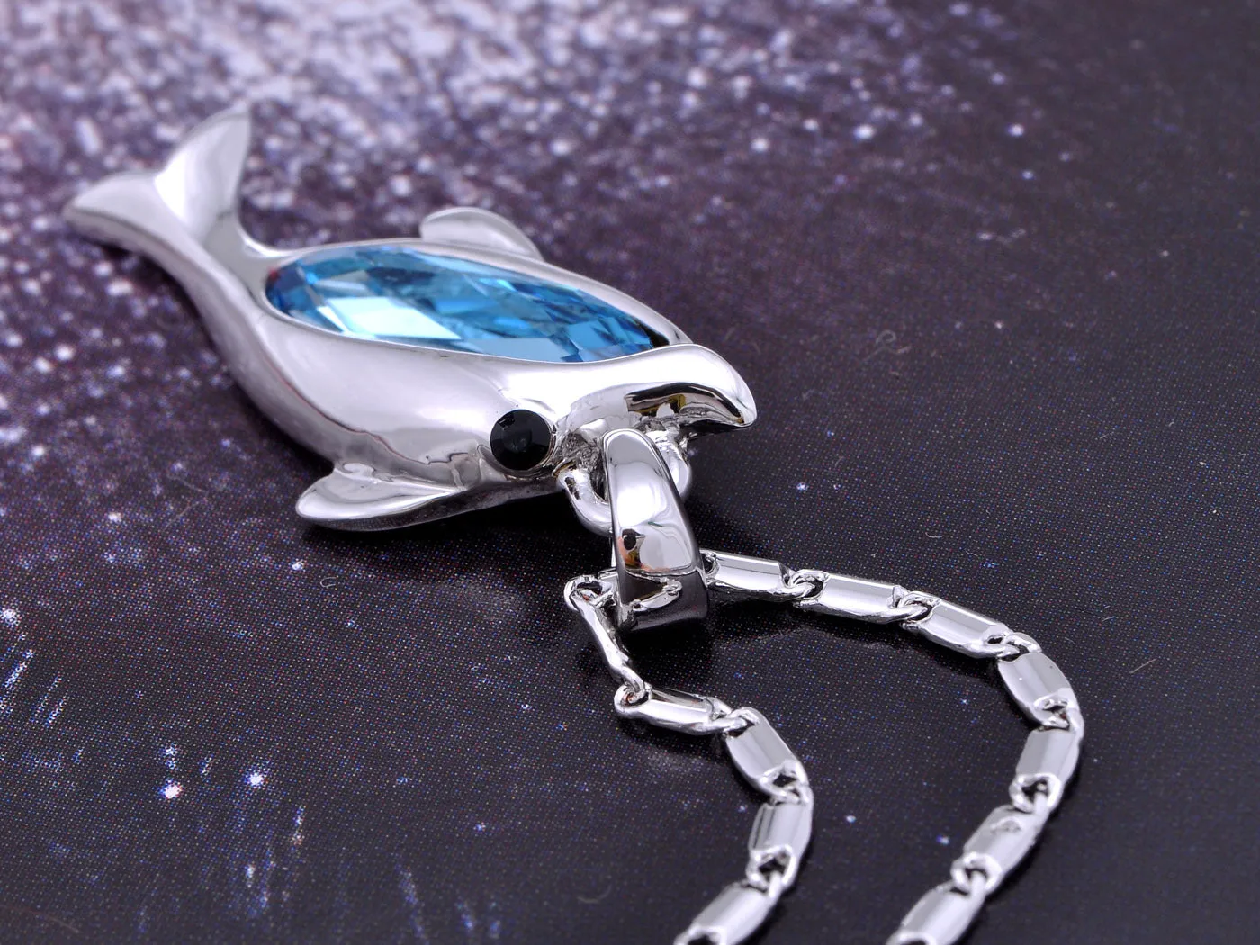 Swarovski Crystal Elements Aquamarine Silver Dolphin Fish Necklace