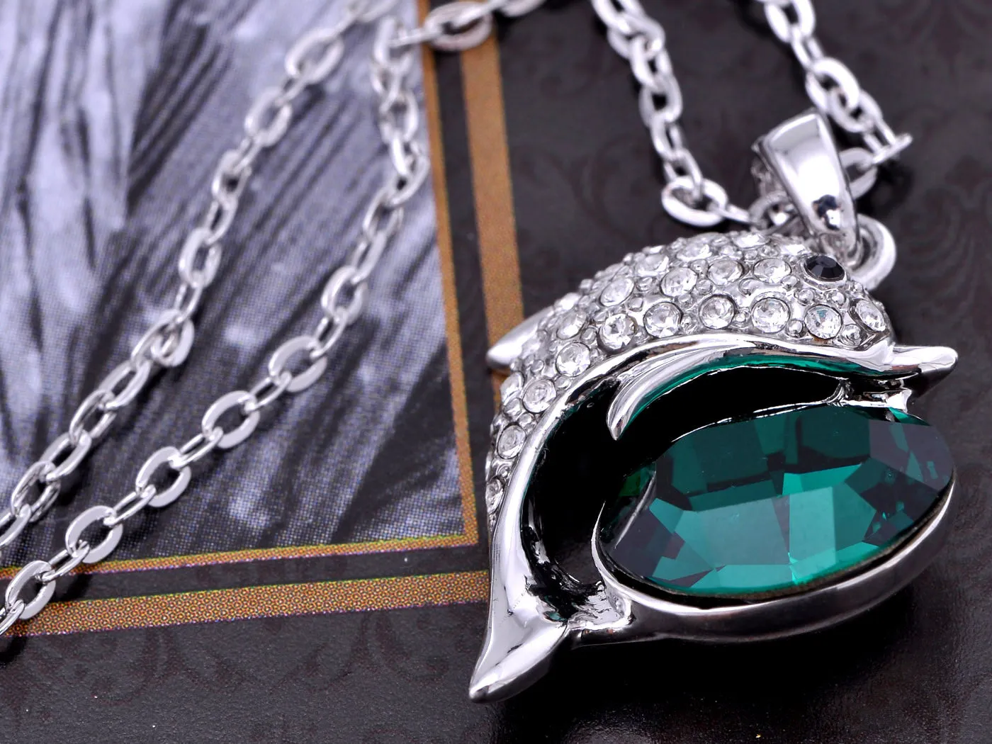 Swarovski Crystal Elements Aquamarine Silver Dolphin Fish Necklace