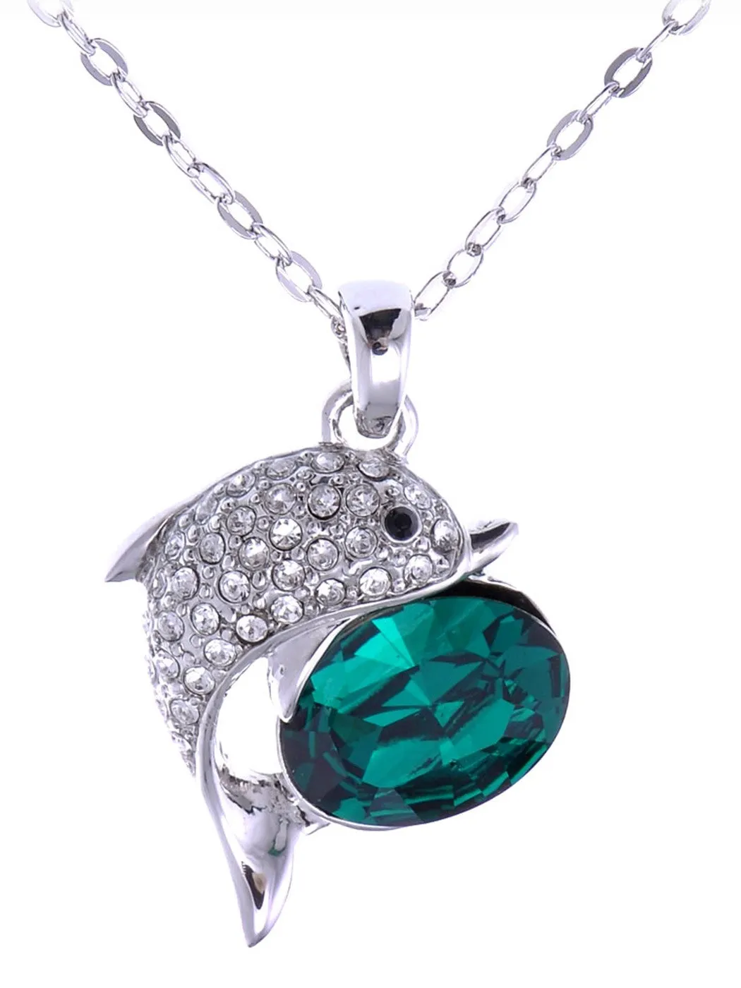 Swarovski Crystal Elements Aquamarine Silver Dolphin Fish Necklace