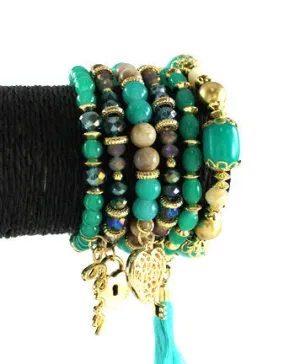 Turquoise Gold Plated Metal Finish Beads Multi Strand Stretch Bracelet