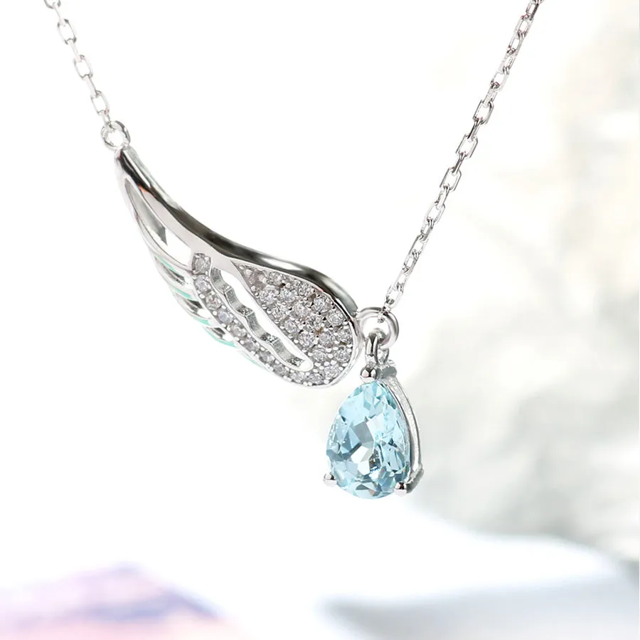 Women Aquamarine Necklace White Gold Plated Silver Wing Shaped March Birthstone Necklace For Women