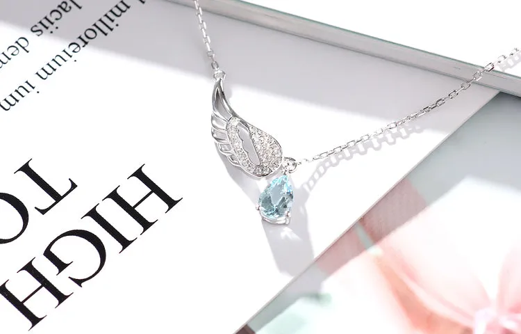 Women Aquamarine Necklace White Gold Plated Silver Wing Shaped March Birthstone Necklace For Women