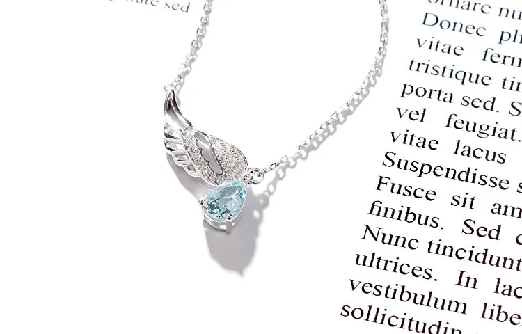 Women Aquamarine Necklace White Gold Plated Silver Wing Shaped March Birthstone Necklace For Women