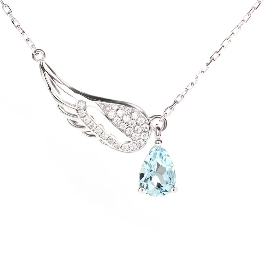 Women Aquamarine Necklace White Gold Plated Silver Wing Shaped March Birthstone Necklace For Women