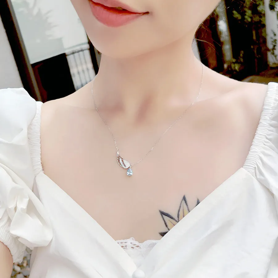 Women Aquamarine Necklace White Gold Plated Silver Wing Shaped March Birthstone Necklace For Women