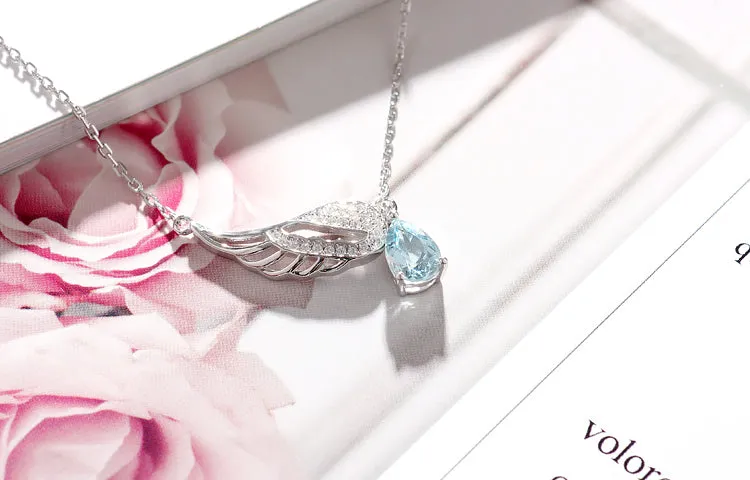 Women Aquamarine Necklace White Gold Plated Silver Wing Shaped March Birthstone Necklace For Women