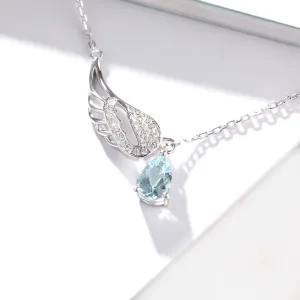 Women Aquamarine Necklace White Gold Plated Silver Wing Shaped March Birthstone Necklace For Women