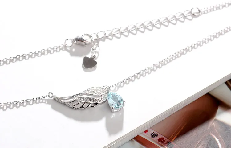 Women Aquamarine Necklace White Gold Plated Silver Wing Shaped March Birthstone Necklace For Women